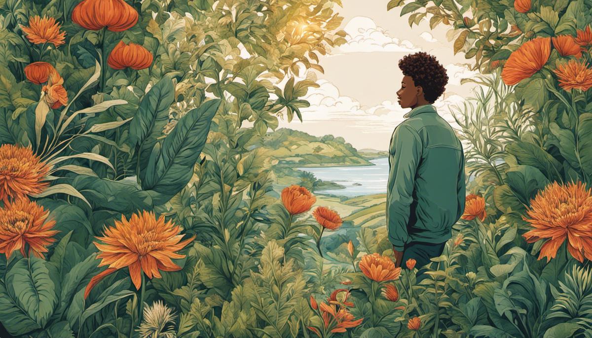 Illustration of a person surrounded by flourishing plants, representing an abundance mindset.