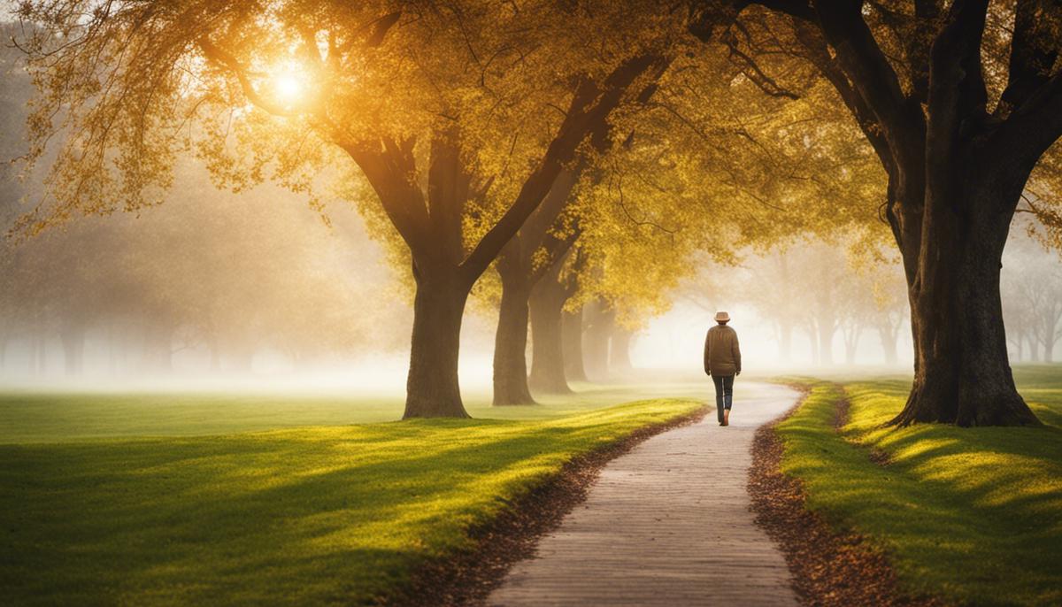 Image depicting a person walking along a path lined with trees, symbolizing the journey to self-discovery